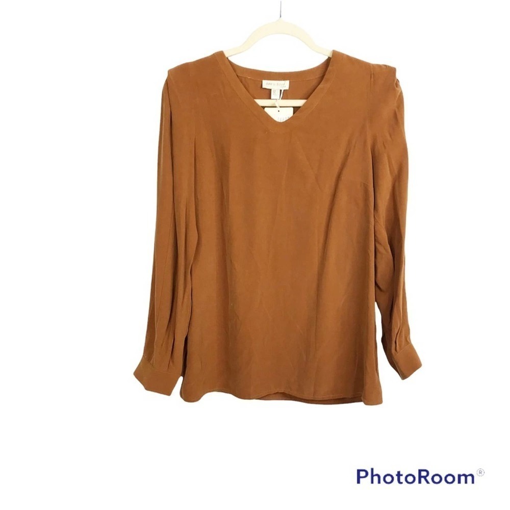 See U Soon copper brown long sleeve rounded Vneck blouse size S
